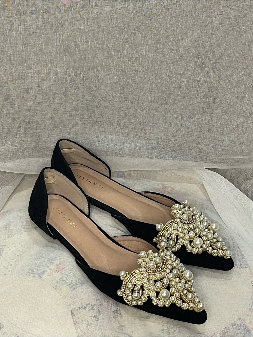 Embellished Black Pearl-Accent Pointed Flats